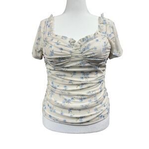 Talent Coquette Floral Ruched Mesh Cottage Blouse Sz 2X Cream